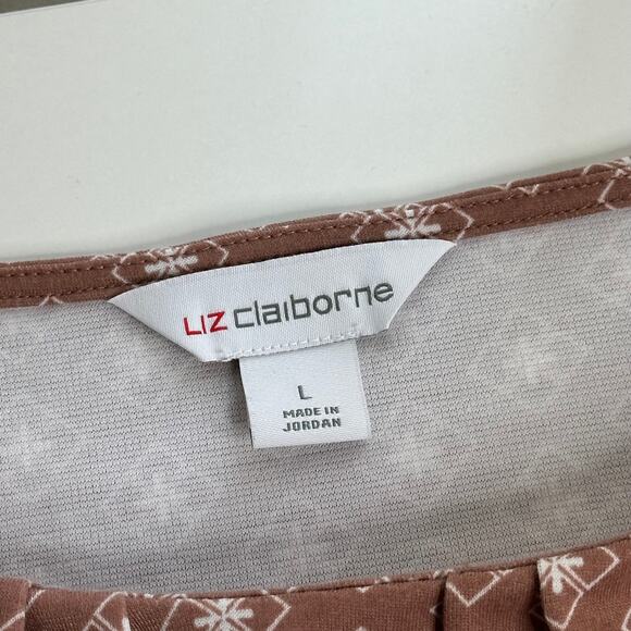 Liz Claiborne Brown Geometric Ponte Knit Kick Pleated Crew Neck Top Womens Large - Picture 6 of 8
